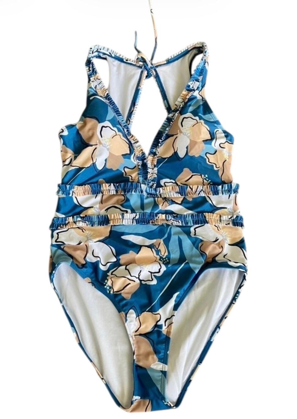 Graham Swim Women's Modest Blue V- Neck Floral One Piece Swimsuit- Size XL